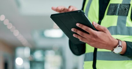 Poster - Hands, tablet and person typing for logistics, schedule and coordination with communication with client. Manager, technology and writing email for delivery timeline, supply chain and distribution