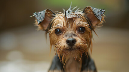 Wall Mural - Cute expression of a wet yorkshire terrier portrait 