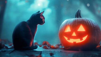 Aufkleber - A curious black cat gazes intently at a carved pumpkin with a glowing smile, surrounded by fallen leaves in a misty forest. The atmosphere is enchanting, evoking the spirit of Halloween.