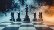 © Kateryna Kordubailo - Chessboard game symbolizing business concepts, competition, and strategic thinking. Chess pieces set against a dark, smoky background with fog.