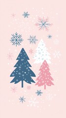 Poster - Charming Christmas tree and snowflake design on a pastel pink background. Perfect for festive cards and wallpapers.