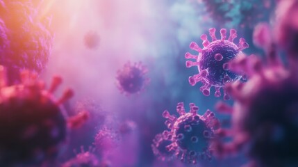 Leinwandbilder - Close-up view of vibrant coronavirus cells depicted against a softly illuminated background, showcasing the intricate structure and details of the viral particles in a laboratory setting.