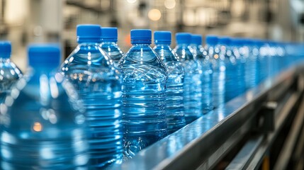 Wall Mural - Plastic bottles with blue caps travel along a conveyor belt in an industrial water bottling factory, part of the production line for a bottled water manufacturer