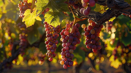 Close up of ripe purple grapes hanging on the vine in a vineyard at sunset, ready for harvest. The warm light of the setting sun illuminates the grapes, creating a beautiful and inviting scene