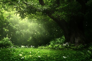 Wall Mural - Magical Green Forest with Sunlight Streaming Through Canopy, Nature Background