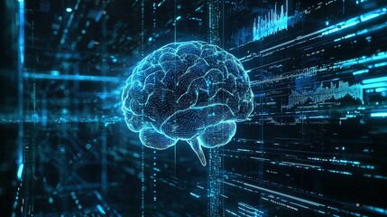 Wall Mural -   a brain in a dark room with blue and white lines on the walls