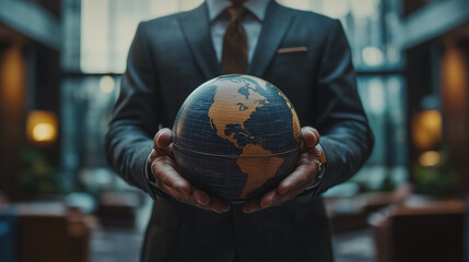 businessman holds a globe with both hands with background of luxury office building