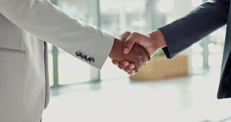 Wall Mural - Closeup, handshake and men in office, agreement and partnership for company merger. Shaking hands, professional and employees with thank you in meeting, crm and contract with b2b deal and welcome