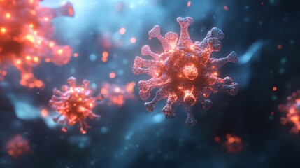 Poster - A digital rendering of a coronavirus, with a spiky, red outer layer and a glowing center. The coronavirus is in focus and the background is blurry, with a blue hue.