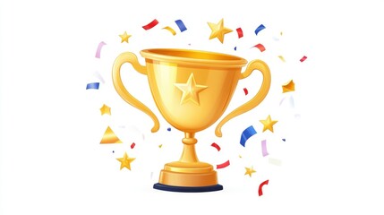 3d icon. Gold cup award with star and confetti, cartoon simple illustration. Champion prize design element, isolated on white background