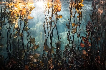 Sunlight filtering through kelp forest underwater