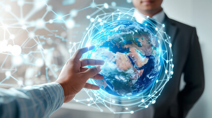 hand touch digital  hologram Earth globe with global network and connectivity concept futuristic