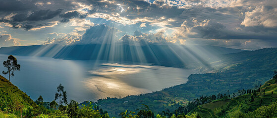 Aerial: lake Toba and Samosir Island view from above Sumatra Indonesia. Huge volcanic caldera covered by water, traditional Batak villages, green rice paddies, equatorial forest. 