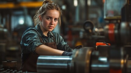 Poster - A dedicated woman in a factory is engaged in her work, concentrating on the machinery and tools around her, contributing to the manufacturing process