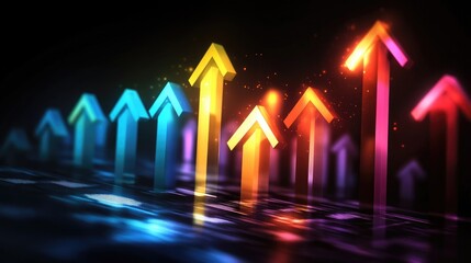 Wall Mural - Abstract 3D financial growth chart on a dark background with glowing upward arrows.