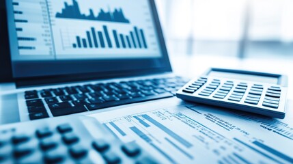 Poster - Close-up of financial data on a laptop screen, with a calculator and report papers on the side.