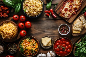 Top view of a wooden table with Italian food ingredients,  pizza, pasta, cheese, tomatoes, garlic and basil