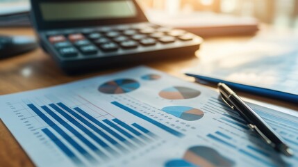 Poster - Close-up of financial graphs and charts on a wooden desk with a calculator and pen, ready for analysis.