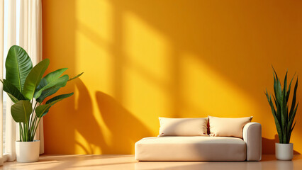 Wall Mural - modern living room with sofa in yellow tones next to sale space for text