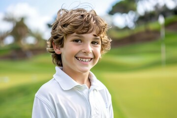 A young boy with a red head is smiling and wearing a white polo shirt generative ai