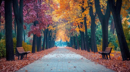 Poster - Empty walking path in a park during autumn with colorful fallen leaves and tall trees.