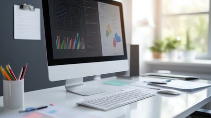 Empty workspace with a modern desktop computer, graphs, and paperwork neatly arranged.