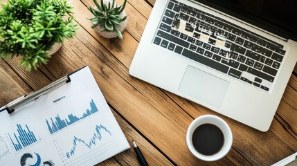 Poster - Laptop on a wooden desk with financial graphs and charts, office supplies arranged neatly.