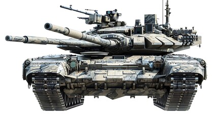 A futuristic battle tank with advanced camouflage, isolated on a white background.