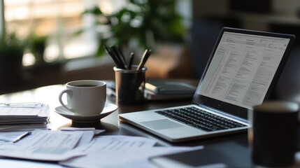 Aufkleber - Office desk with open laptop, financial documents, and coffee cup, business analysis in progress.