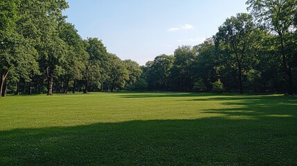 Open green field in a park with tall trees along the edges and a clear sky overhead.