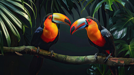 Horizontal banner with two beautiful colorful toucan birds (Ramphastidae) on a branch in a rainforest. Couple of toucan bird and leaves of tropical plants on sunny background. Generative AI Artificial