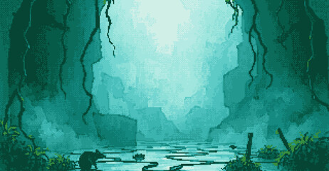 Wall Mural - A teal scene with rat in a cave system with plants in wet environment, Fantasy pixel art style