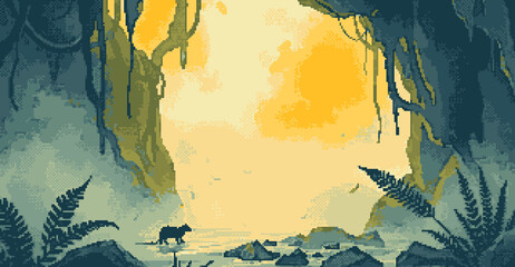 Wall Mural - A rat in a cave entrance with yellow light and fog with ferns as silhouettes, Fantasy pixel art style