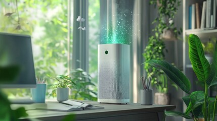 Poster - An air purifier stands on a desk, releasing a colorful mist in a bright home office adorned with plants. Sunlight streams through the window, enhancing the tranquil atmosphere of the workspace.