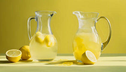 Still life of lemon juice in a glass with whole lemons and a cup, showcasing fresh and healthy citrus drink with a yellow and white color scheme