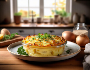 Potato casserole with cheese and parsley on a wooden table in the blurred kitchen interior