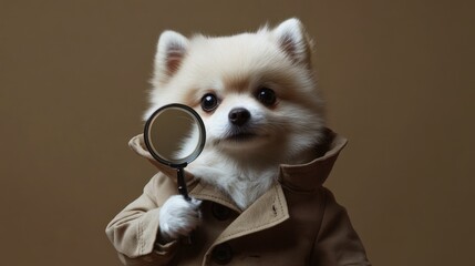 A white Pomeranian wearing a tan trench coat stands confidently indoors. The dog holds a magnifying glass, embodying the essence of a classic detective on a case