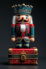 Wall Mural - A beautifully detailed, traditional wooden nutcracker soldier figurine standing proudly on a decorative red box. 