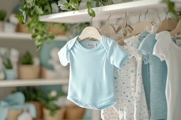 Baby hung on pastel colored hanger, baby girl in light blue and white for newborn hanging on a rack with baby dress  