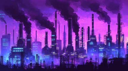 A city skyline with a purple sky and smoke coming out of the buildings