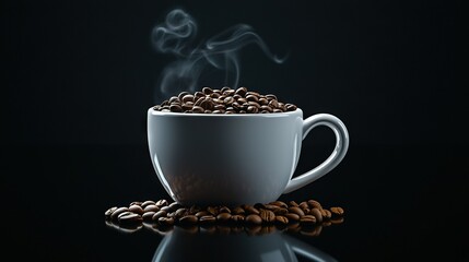 Wall Mural -   White cup holding coffee beans on reflective surface with steam emanating