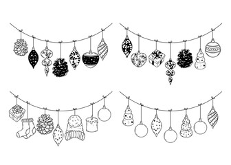 Wall Mural - christmas and new year decor set. vector garland with christmas fir tree decorations. star, ball, ic