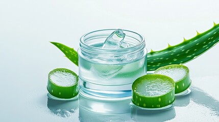 Wall Mural -   A close-up of a glass of water with an aloe vera leaf on each side