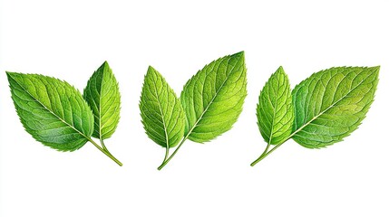 Wall Mural -   Three green leaves rest atop a white background