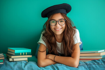 Smiling female student with glasses and a hat, surrounded by books on a bed, indoors.