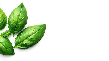 Poster -   Three green leaves on white background with one leaf stacked