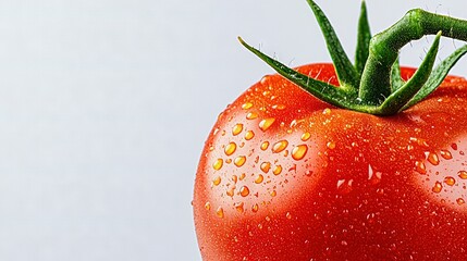 Sticker -   Close-up of a red tomato with droplets of water on its surface, and a green stem protruding from the top