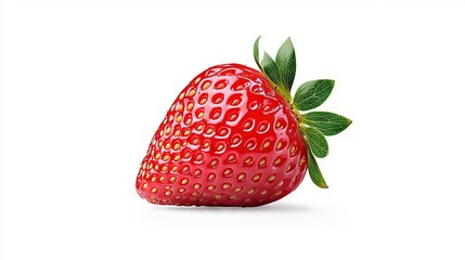 Sticker -   A detailed portrait of a red strawberry atop a green leaf against a pure white backdrop