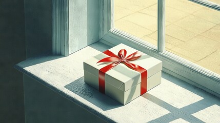  A white gift box with a red bow on a window sill beside a large one