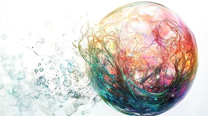   A multicolored object floats in the air alongside a white and blue object with bubbles below it